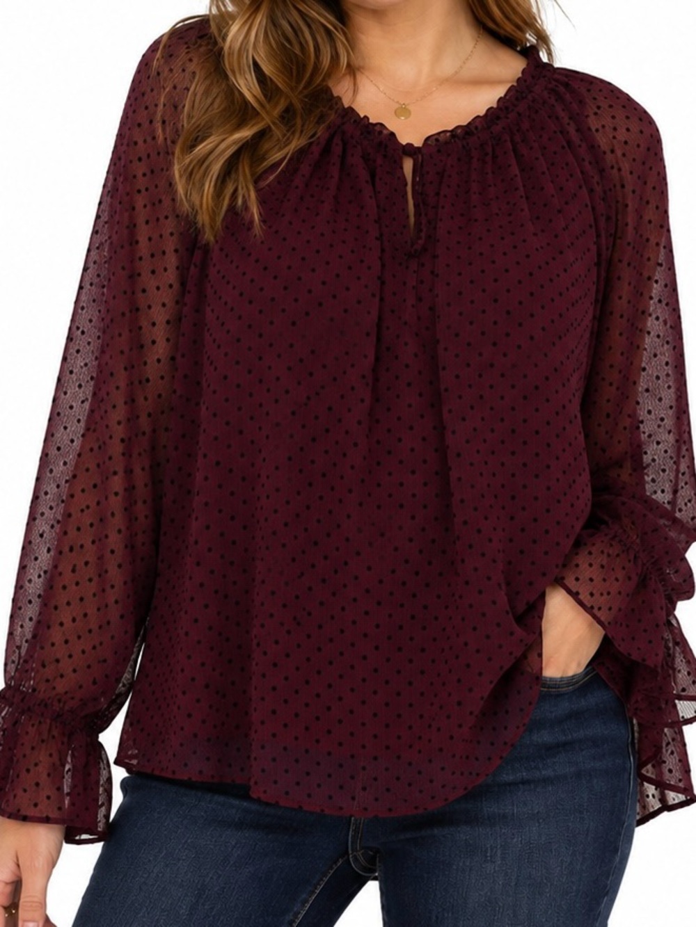 Lauren Conrad LC Burgundy Swiss Dot Sheer Peasant Blouse PXXL NWT Plus Size